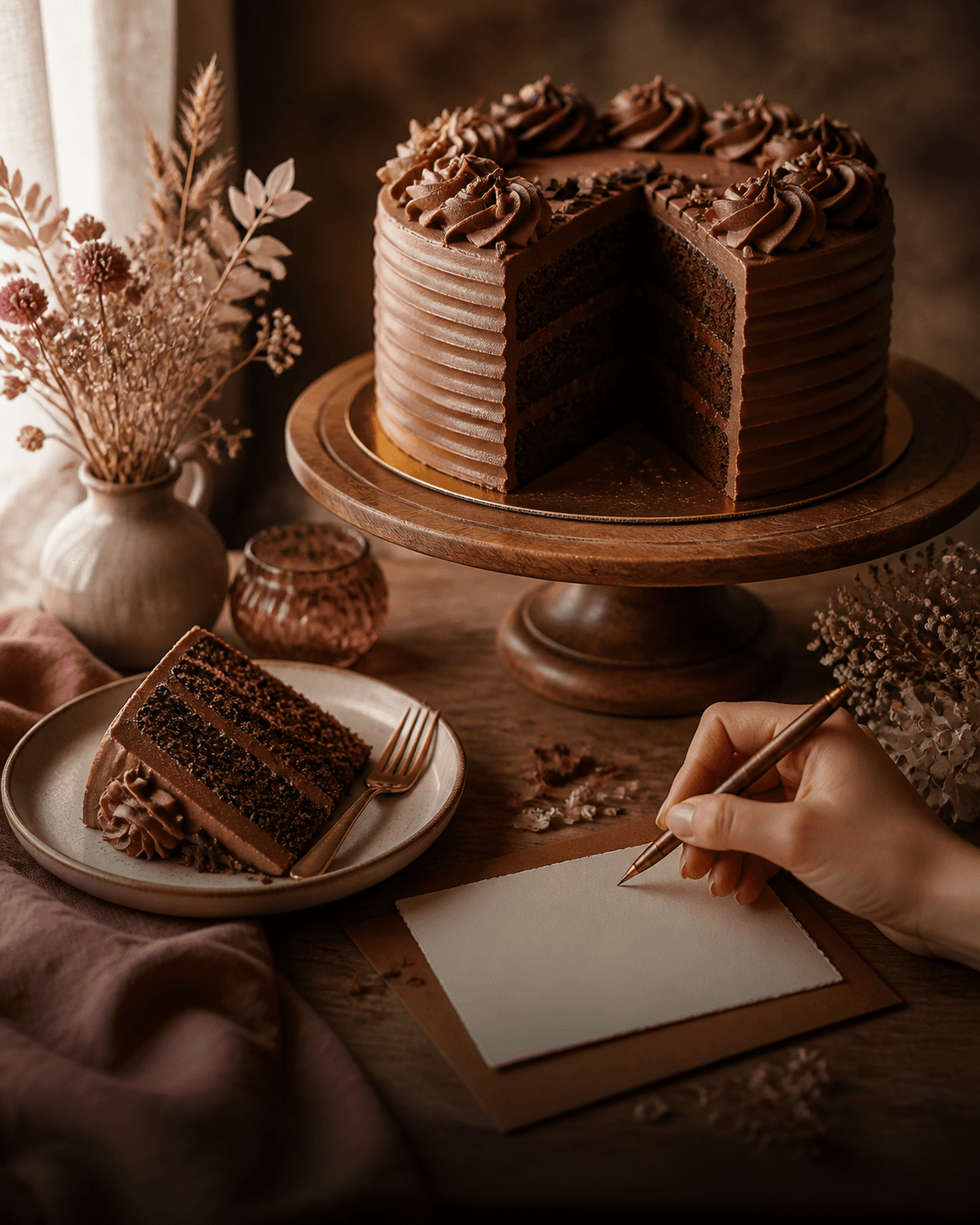 A chocolate cake beside a handwritten customer review